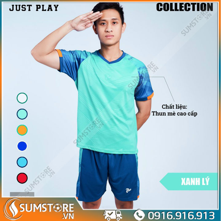 Áo Bóng Đá Không Logo – JustPlay – Viking – Màu Xanh Lý