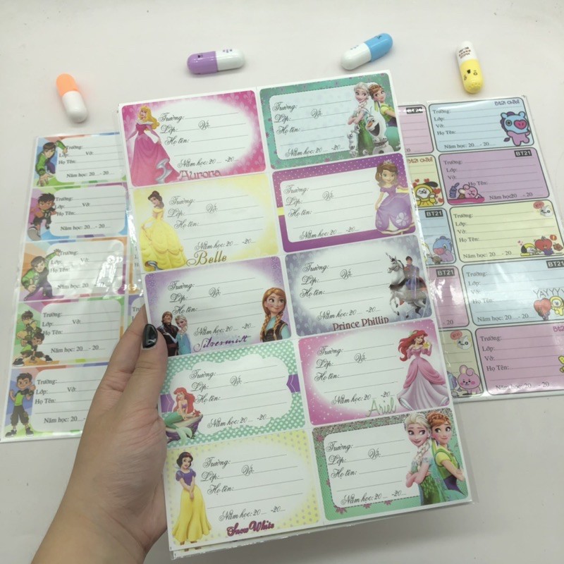 NHÃN VỞ ĐỀ CAN BÉ DÁN LIỀN (1 TẬP= 30 CHIẾC) nhãn vở học sinh in hình cute, bọc vở nhiều hình có dán