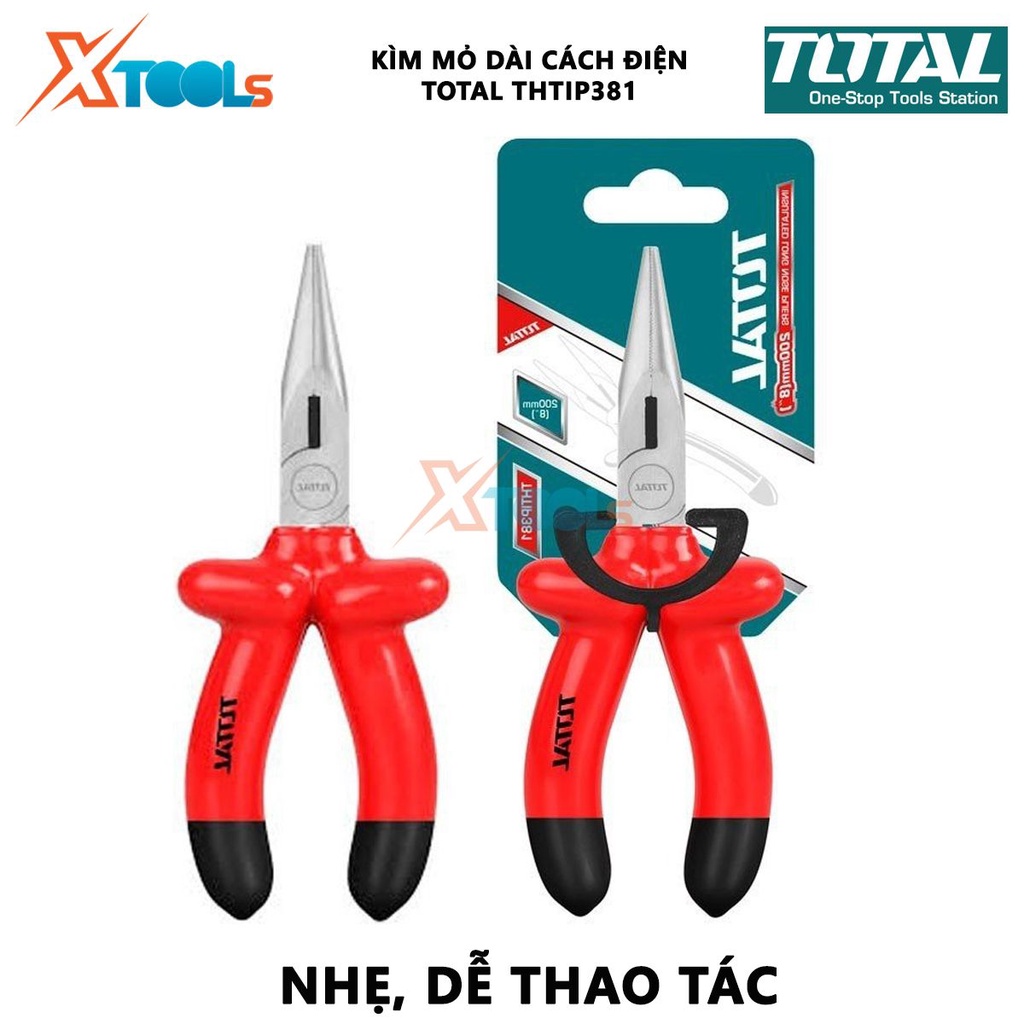 Kềm mỏ dài cách điện TOTAL THTIP381 |  Kìm Điện Mỏ Dài 8&quot;/200mm Kiểm tra 10000V dùng để kẹp, cắt vặn, quấn, tháo cá