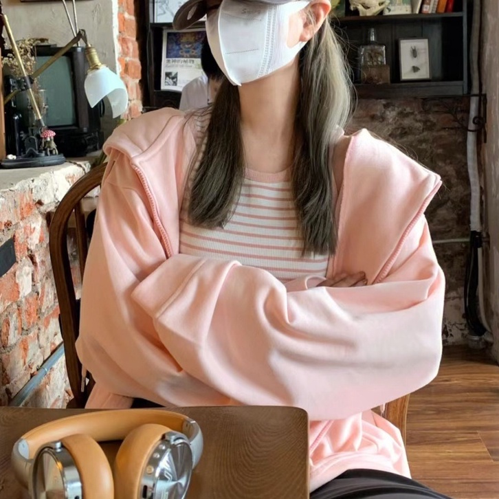 ZHELIHANGFEI Áo Khoác Hoodie Tay Dài Dáng Rộng Màu Hồng Dễ Thương Xinh Xắn