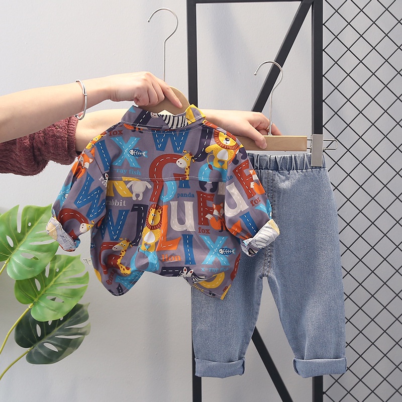 XẢ HÀNG BS12 Size80-120 Set bộ bé trai. Quần bò quần jean dài + Áo sơ mi Thời trang trẻ Em hàng quảng châu