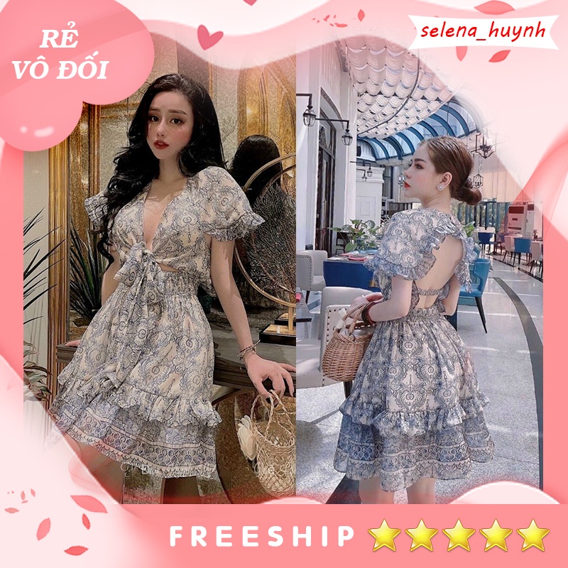 Đầm hoa cut out hở lưng cổ sâu thắt nơ gợi cảm sẵn mút ngực SELENA105