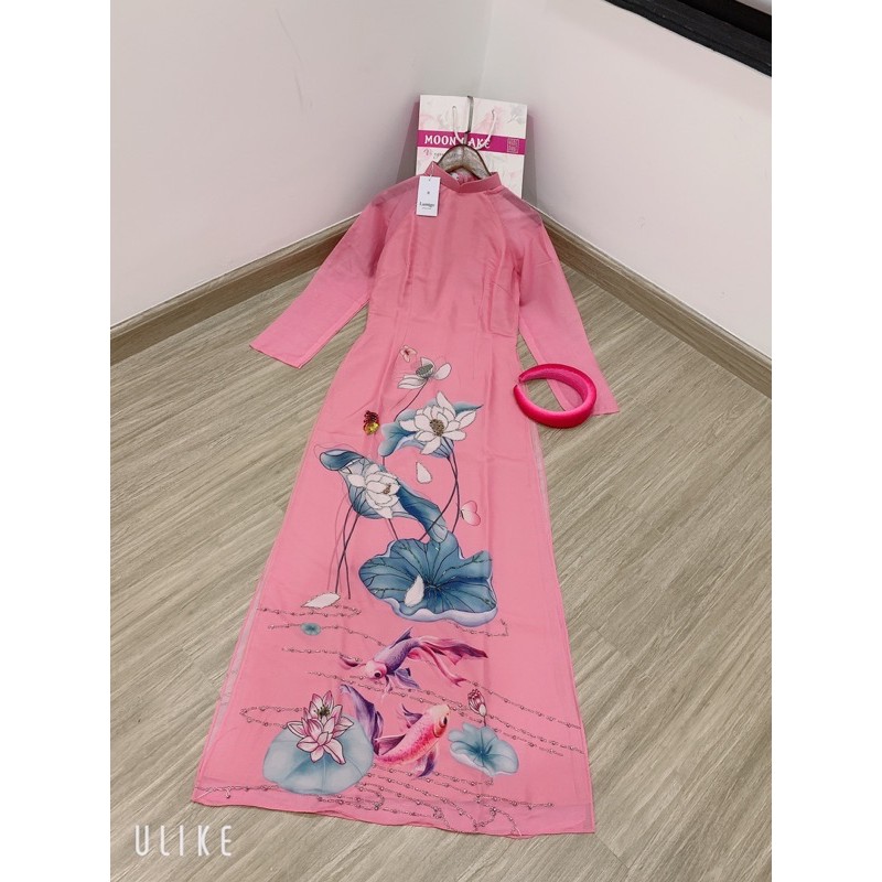 Áo dài 4 tà chất tơ ý mềm cao cấp đính cườm hoạ tiết hồng sen