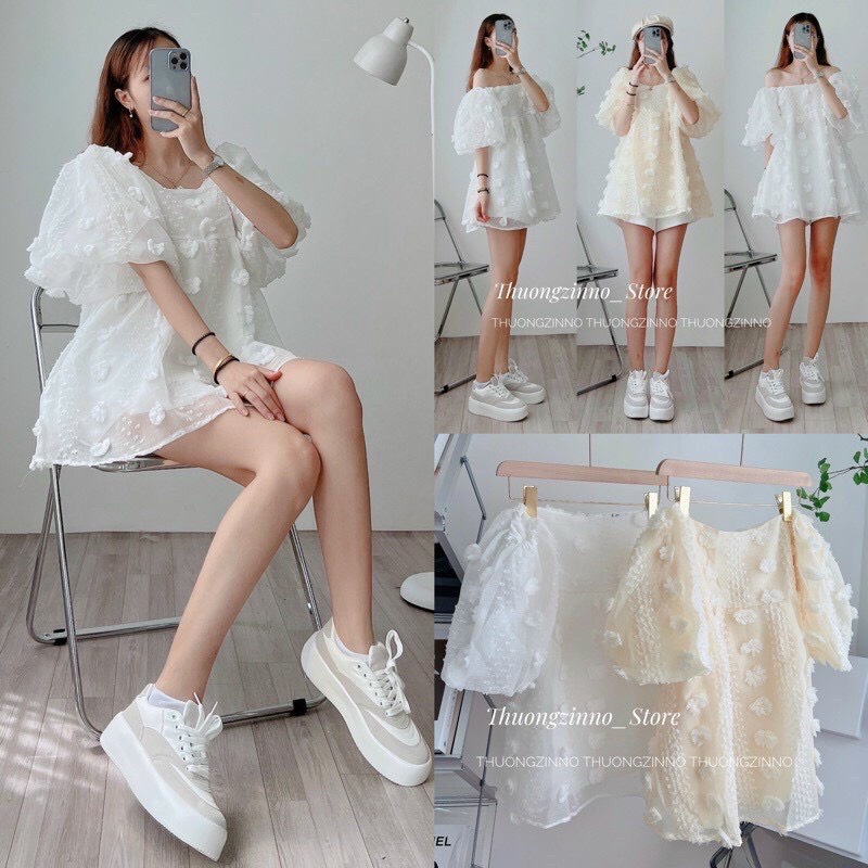 đầm von xốp kiểu bệt vai ngắn tay