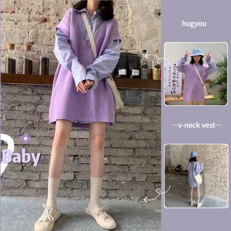 Set Áo Thun Dài Tay Form Rộng Và Áo Khoác Len Không Tay Thời Trang Dành Cho Nữ