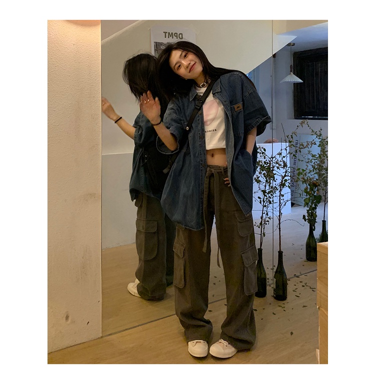 Quần jean nữ Xiaozhainv ống suông rộng cạp cao phối túi hộp cá tính