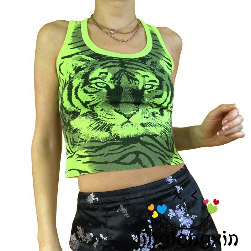 Áo croptop sát nách cổ tròn in hình hổ cá tính cho nữ