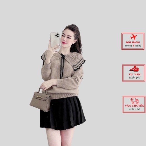 Áo len lông thỏ nữ công sở cổ nơ bèo viền ulzzang Hàn Quốc phong cách tiểu thư bánh bèo