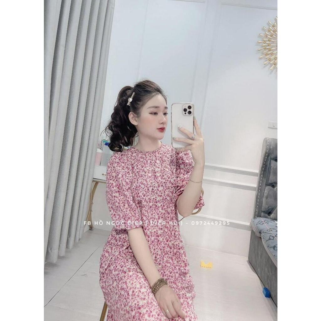 váy hoa nhí vintage dáng dài cổ tròn kiểu dáng hàn quốc