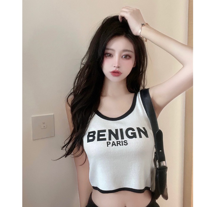 622026#Áo Dệt Kim Sát Nách Dáng Ngắn In Chữ Thời Trang Mùa Hè Cho Nữ