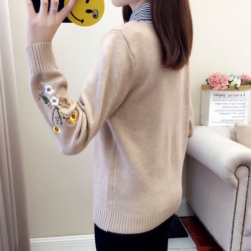 Áo dệt kim tay dài thêu hoa tùy chọn màu sắc