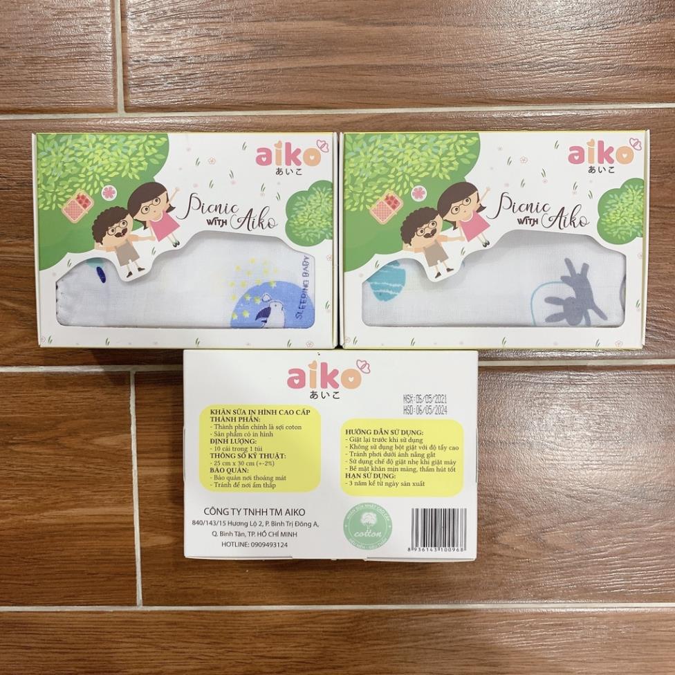 [Hàng xuất Nhật - Dành cho da Bé] Khăn sữa cao cấp Aiko siêu mềm mượt in hình ngộ nghĩnh (10 cái/hộp)