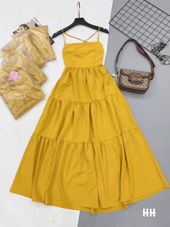 [Mã FAMAYWA2 giảm 10K đơn 50K] Váy maxi vàng 2 dây buộc đan lưng cá tính | BigBuy360 - bigbuy360.vn