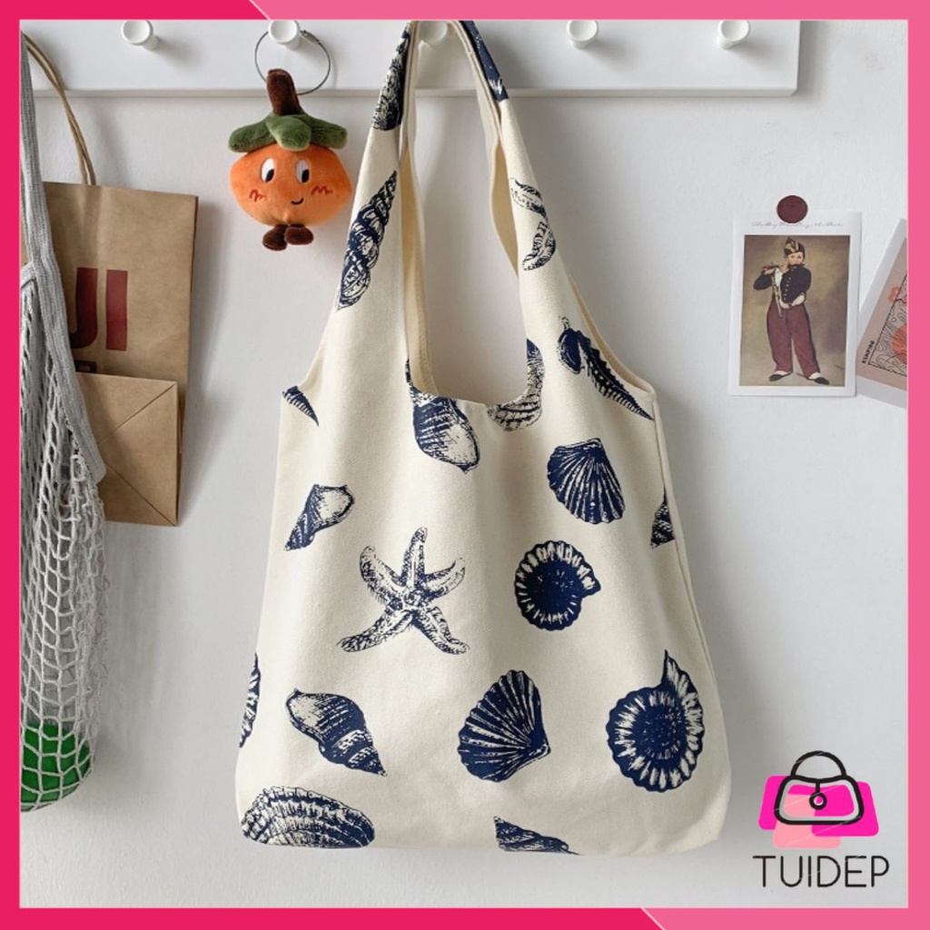 Túi tote vải canvas dày dặn đẹp họa tiết SÒ BIỂN đi học đi chơi cực đẹp siêu hot mẫu mới 2021