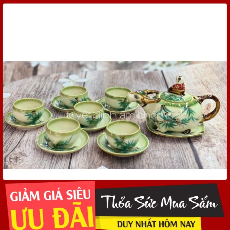 BỘ ẤM TRÀ BÁT TRÀNG HÌNH CON TRÂU ĐỘC ĐÁO - VẼ HOA VĂN TRE XANH VIỆT NAM - KHUYẾN MÃI GIÁ TỐT.