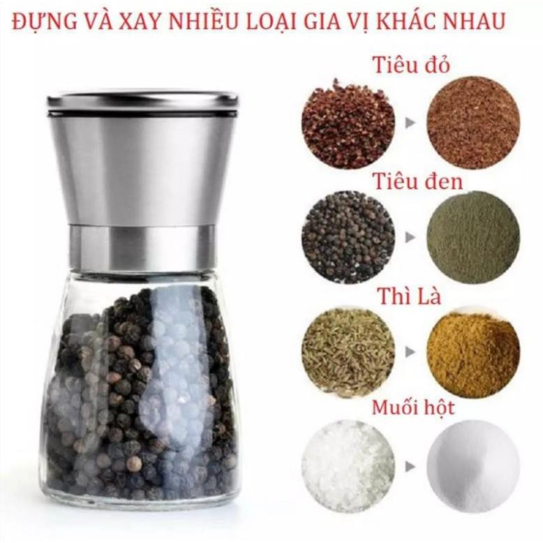 Lọ xay hạt tiêu. Bình xay hạt tiêu. Kích thước 13,5 x 6,5cm. Dung tích 150ml. Thủy tinh, INOX.