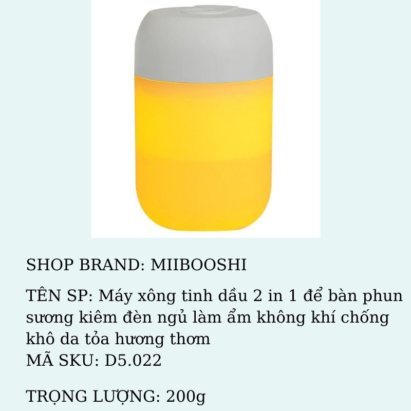 Máy xông tinh dầu 2 in 1 để bàn phun sương kiêm đèn ngủ làm ẩm không khí chống khô da tỏa hương thơm Miibooshi D5.022