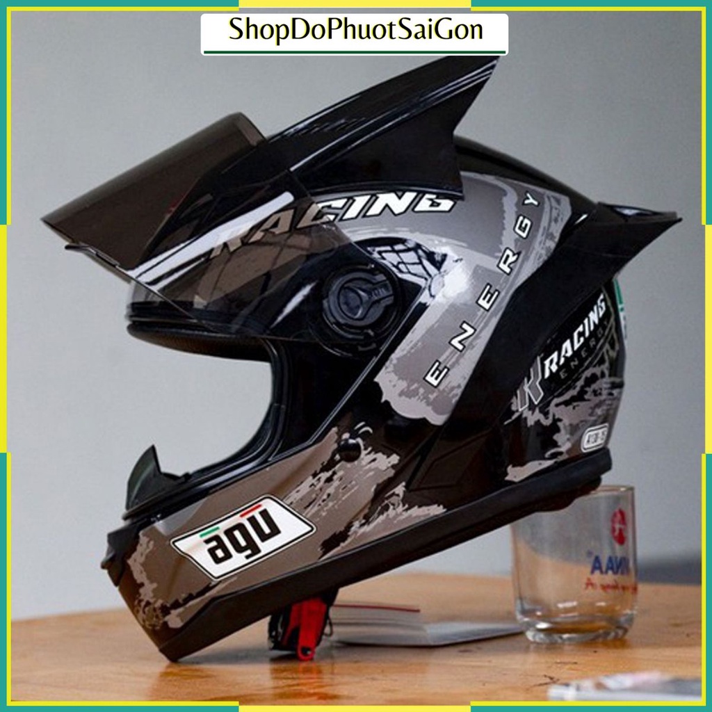 Mũ fullface AGU tem racing bạc gắn sừng - Nón bảo hiểm đi phượt