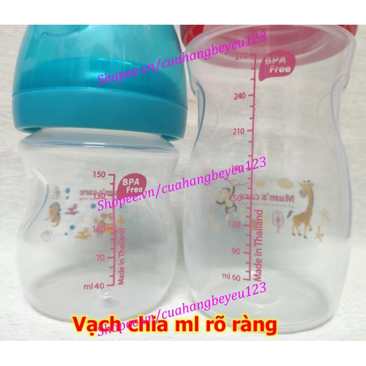 Bình sữa PP cổ rộng cao cấp Mum's Care 150ml / 270ml cho bé - thiết kế 3 van chống đầy hơi - Thái Lan Mum 's Care