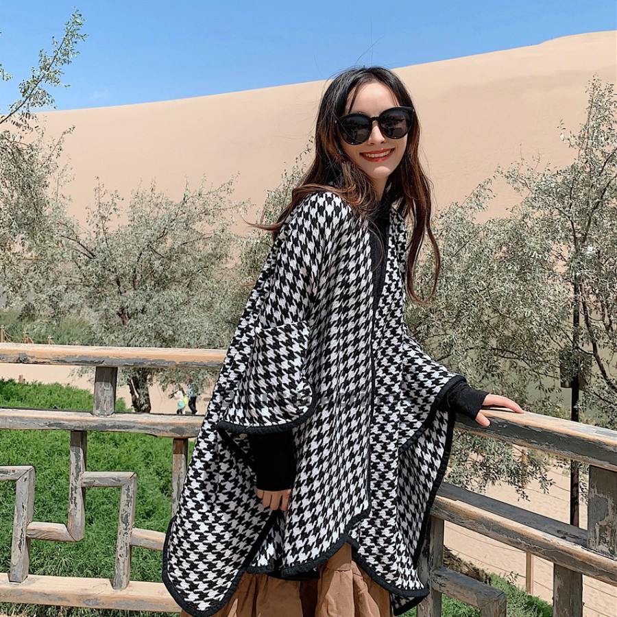 [Nowship2h] Khăn Choàng Quàng Cổ (Khăn Cashmere) Len Cao Cấp Họa Tiết Houndstooth Viền Đen Thời Trang Thu Đông - Mã LN12