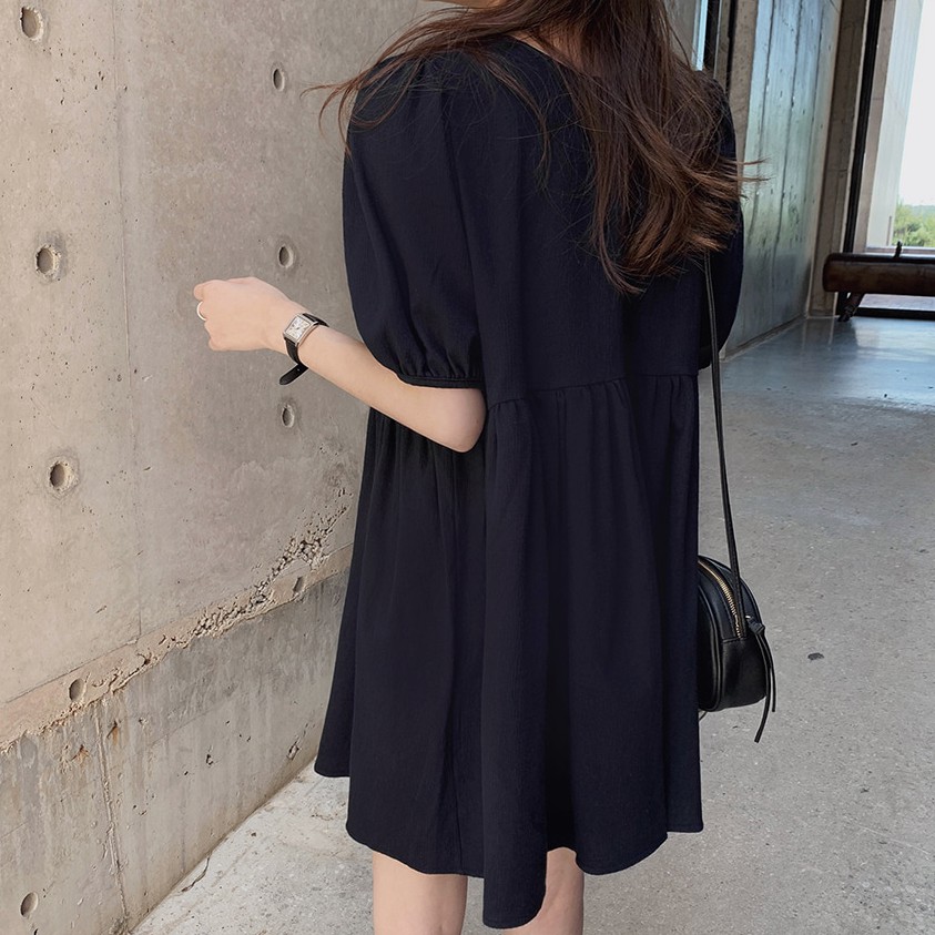 Đầm tay phồng cổ tròn màu trơn xinh xắn cho nữ 34980