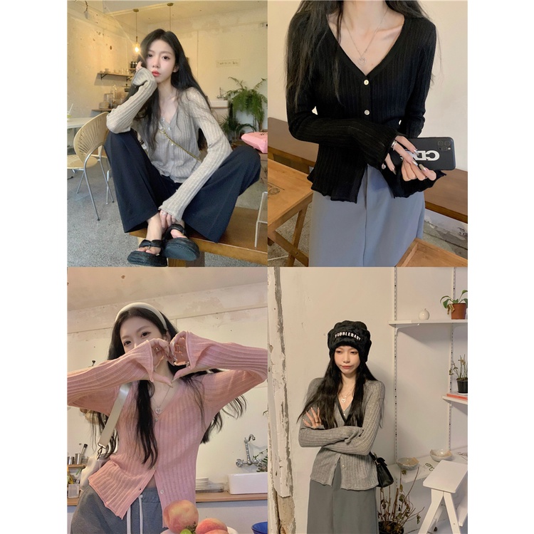 Áo cardigan XIAOZHAINV dệt kim dài tay cổ chữ V dáng ôm phong cách Hàn Quốc 4 màu lựa chọn