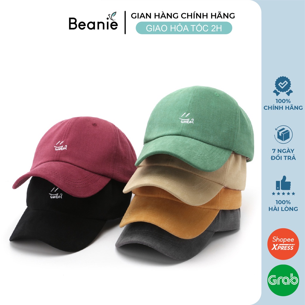 Mũ Lưỡi Trai BEANIE Thiêu Chữ Smile Nam Nữ Cao Cấp, Nón Kết Lưỡi Trai Trắng Đen Đẹp Form Mềm Vải Kaki Chính Hãng LT16