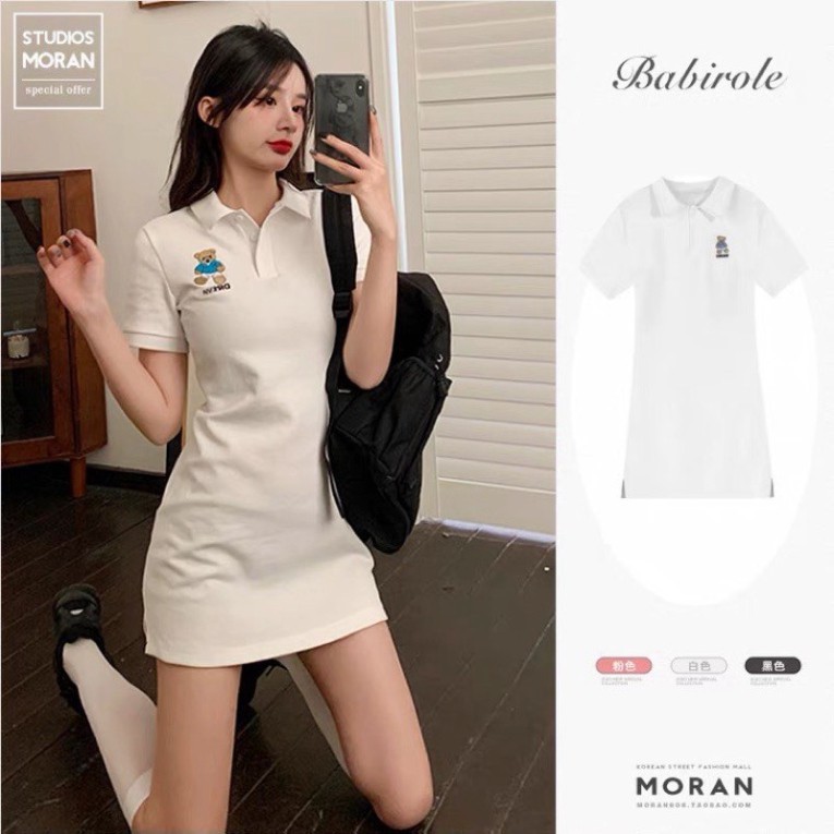 Váy nữ, Váy Cổ Bẻ Thêu Gấu Ngực 2 màu đen trắng Dáng Đuôi Cá Cho Nữ