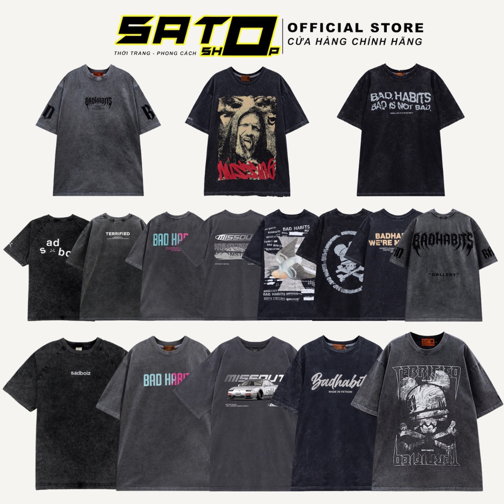 Áo Thun Local Brand Wash Màu Xám, Tee Tay Lỡ Full Tag Nam Nữ Sadboiz Bad Habits Levents Uncover Missout Hades SATO SHOP