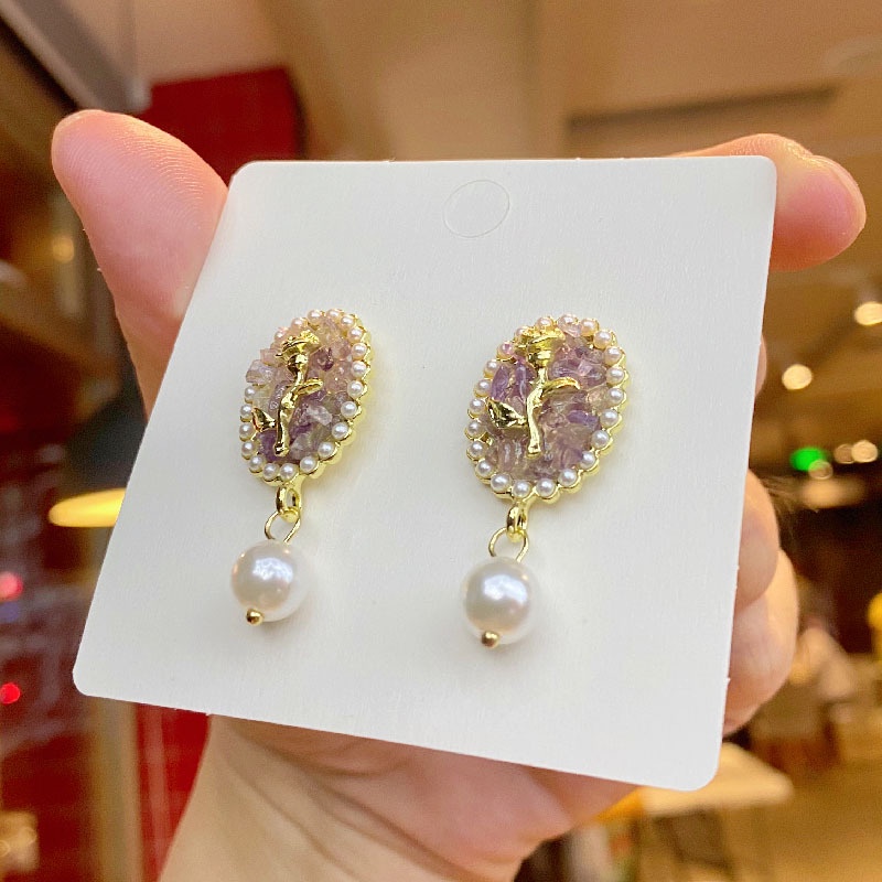 Bông tai mạ bạc 925 mặt tím hình hoa hồng đính ngọc trai thời trang sang trọng cho nữ