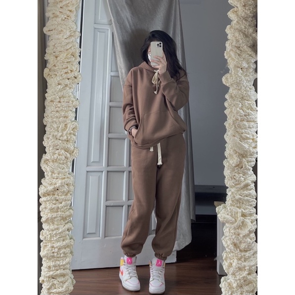 Bộ Hoodie Trơn Chất Nỉ Dày Dặn Dây Bản To Phong Cách Bassic - SINNA STORE