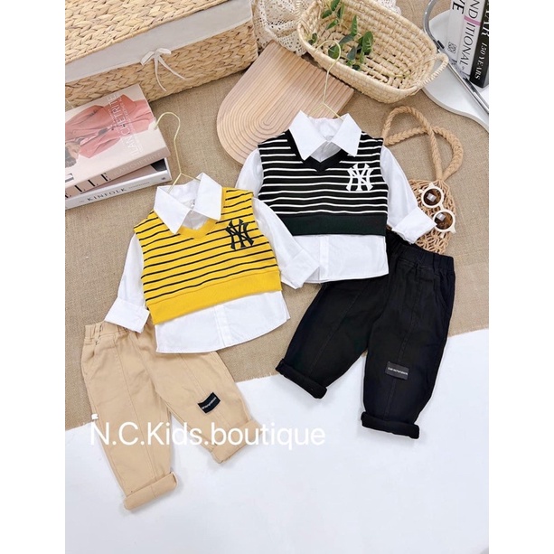 Set NY cho bé 3 chi tiết size 8-16kg áo sơ mi áo gile quần kaki chất siêu đẹp cho bé trai đi học đi chơi
