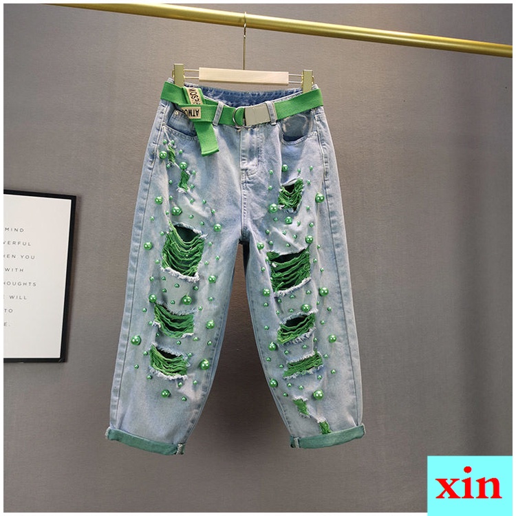 Quần Jean Dáng Rộng Lưng Cao Phối Rách Đính Ngọc Trai Giả Phong Cách Châu Âu Thời Trang Mùa Hè Hàng Mới 2022 Dành Cho Nữ