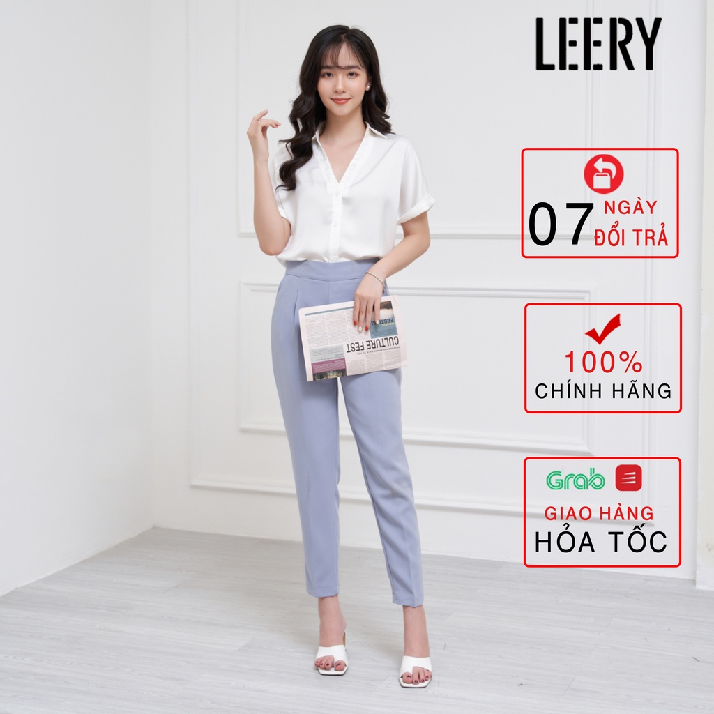 Áo sơ mi nữ ngắn tay kiểu cổ Đức vải lụa Hàn cao cấp mặc đi làm công sở màu Trắng Xanh LEERY SM-08 - Hàng mới về