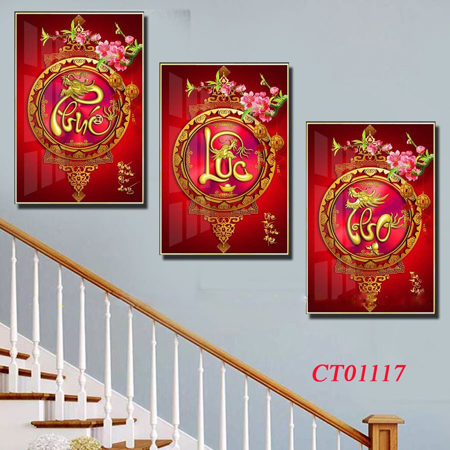 Tranh tráng gương Phúc Lộc Thọ treo cầu thang màu đỏ gỗ đẹp