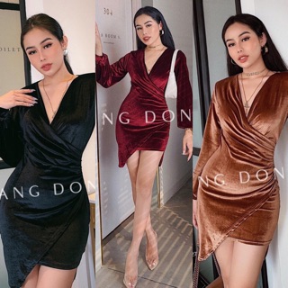 Đầm body nhung đắp chéo tay dài phồng