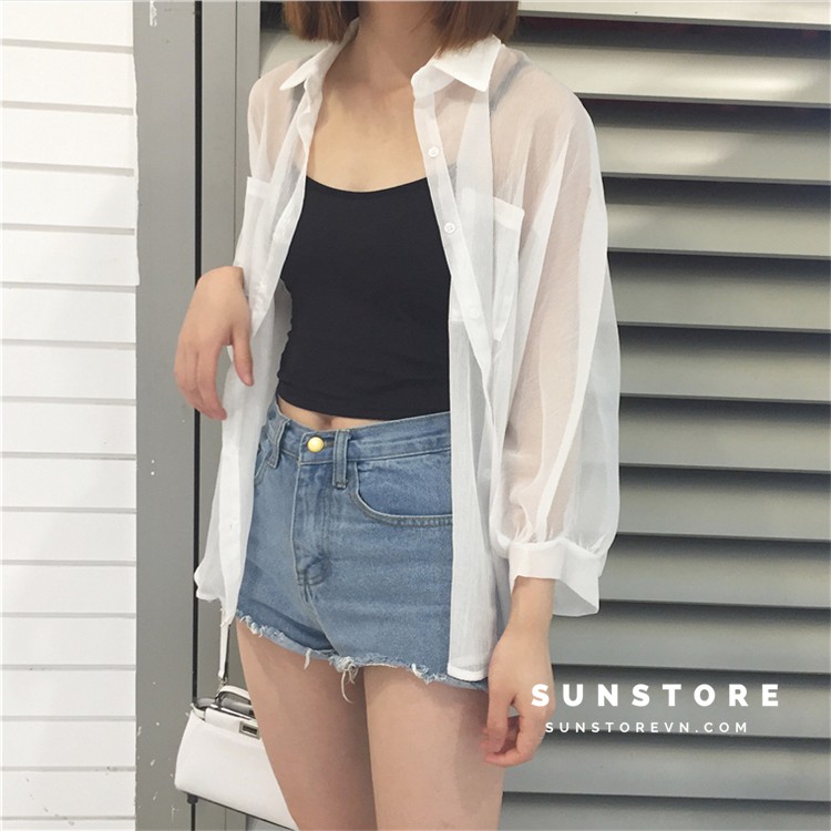 Áo khoác chất voan mỏng ngoài dáng sơ mi màu trắng Ulzzang