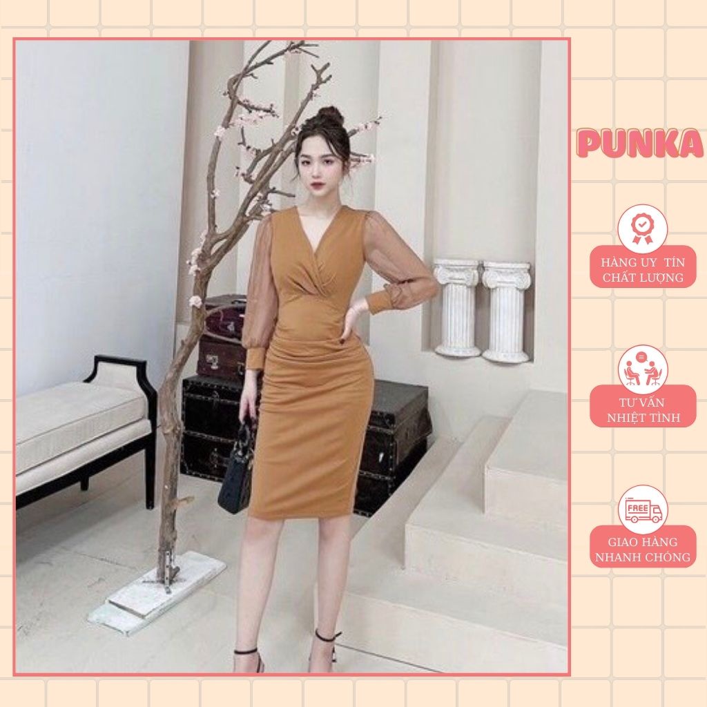 Váy thiết kế nữ ôm body cổ vuông dáng dài tay lửng sang chảnh