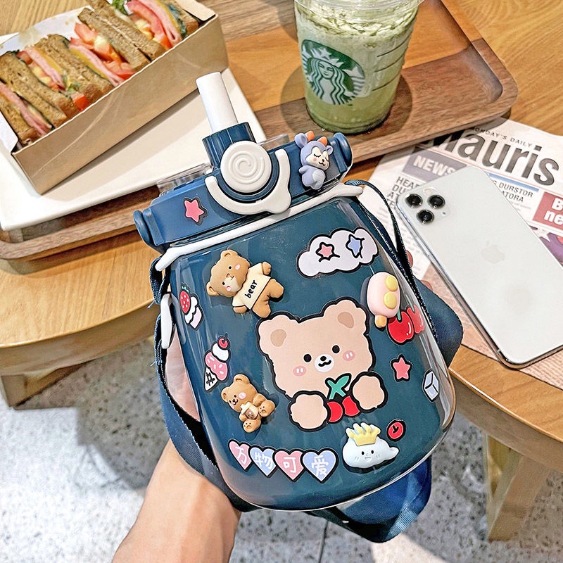 Bình Nước Giữ Nhiệt Cao 1000ML Kèm Ống Hút Dễ Thương Xinh Xắn Dành Cho Nữ