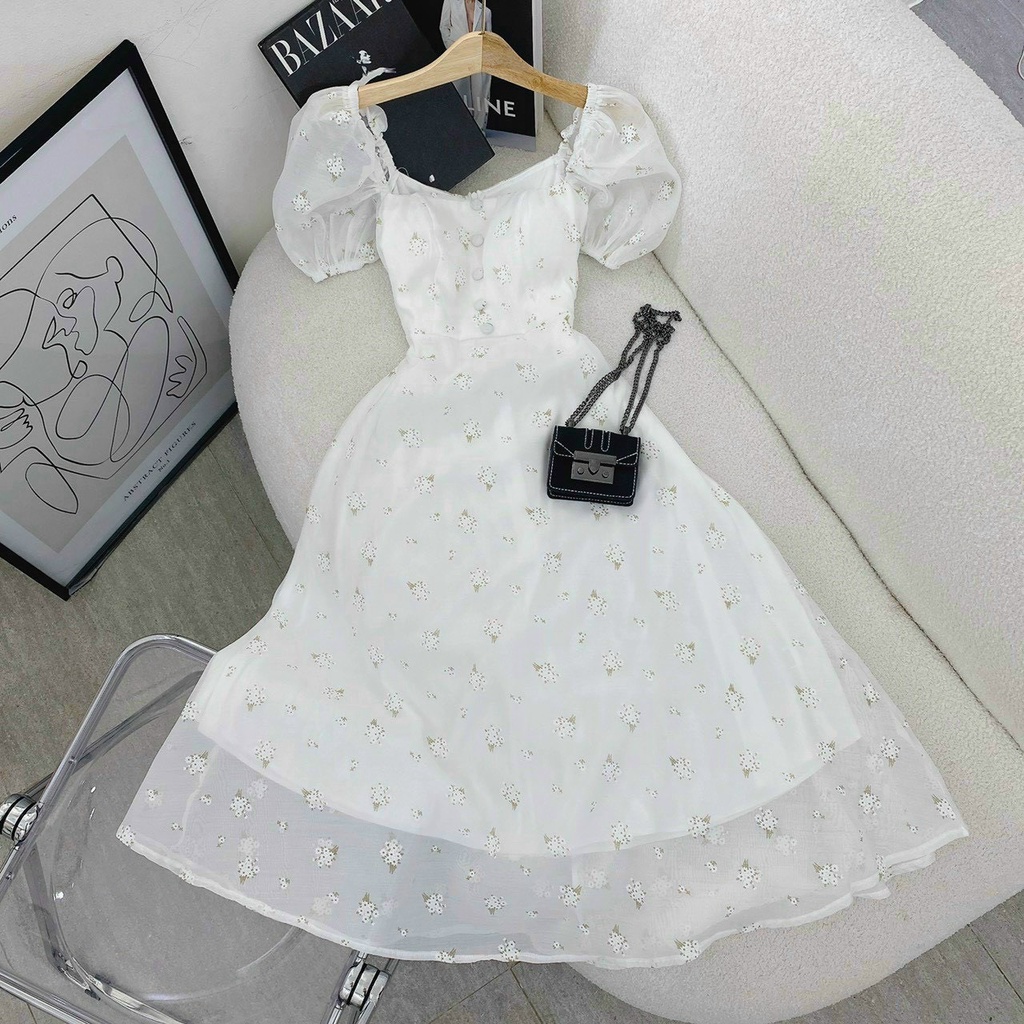 Đầm trắng hoa nhí nhảnh họa tiết cổ vuông  phối ống tay phồng cực xinh vải voan 2 lớp