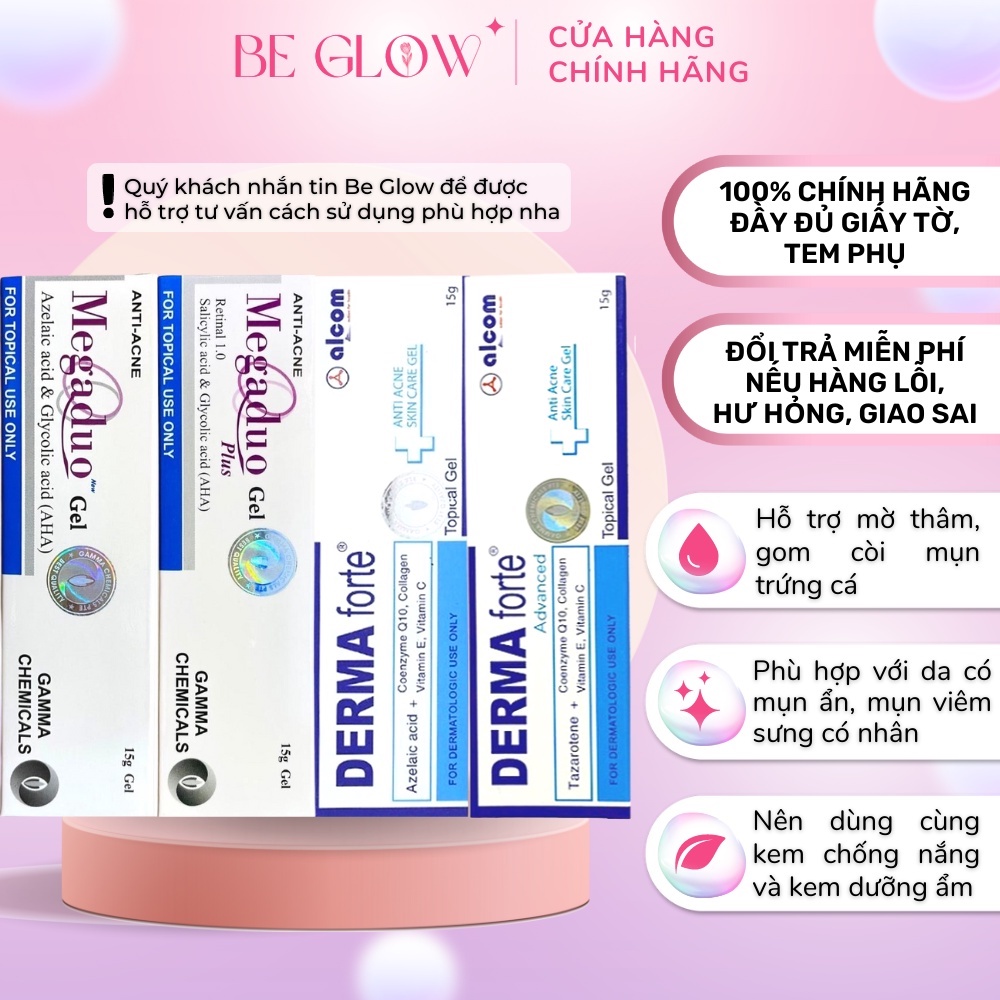 Combo Gel mụn Gamma Megaduo Gel AHA 15g và Derma Forte 15g hỗ trợ giảm mụn, mờ thâm - Be Glow Beauty