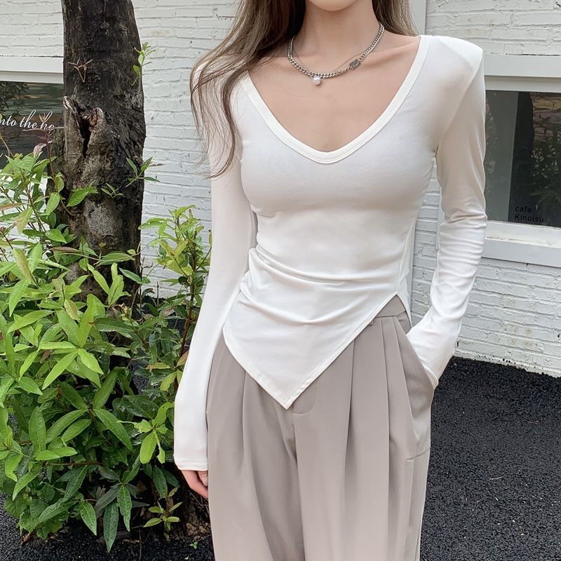 Áo thun COZOK tay dài cổ chữ V xẻ tà thời trang cho nữ