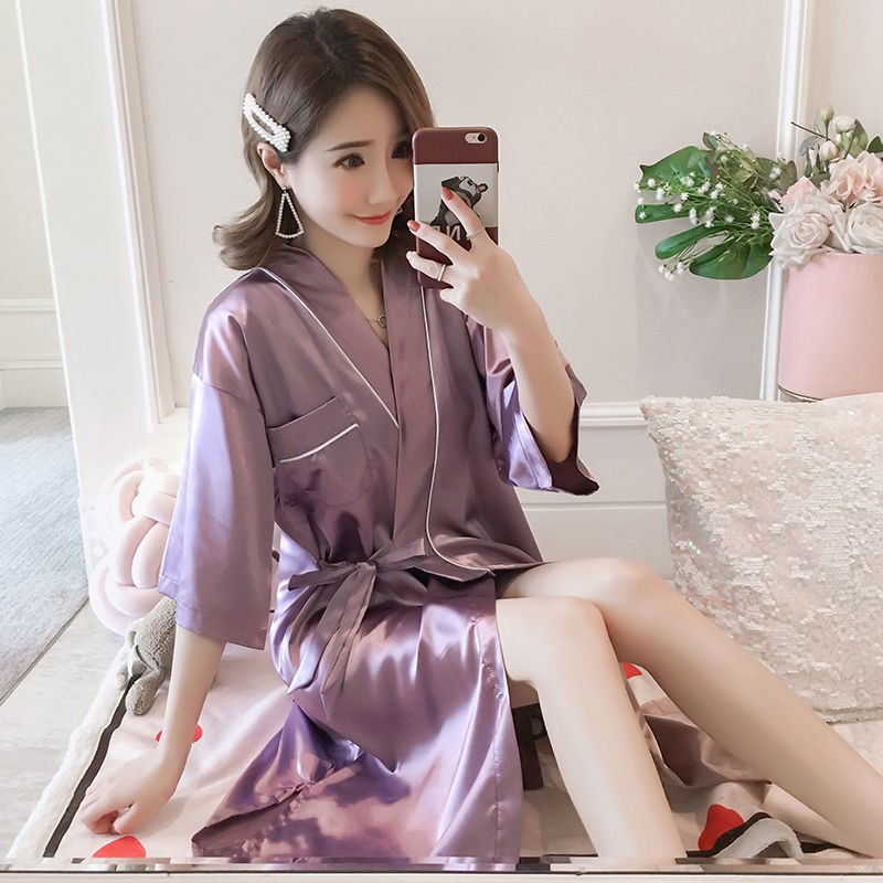 > Váy ngủ nữ nửa tay mô phỏng lụa băng Nhật Kimono cổ chữ V gợi cảm áo rời Bộ quần ngắn của phụ <H