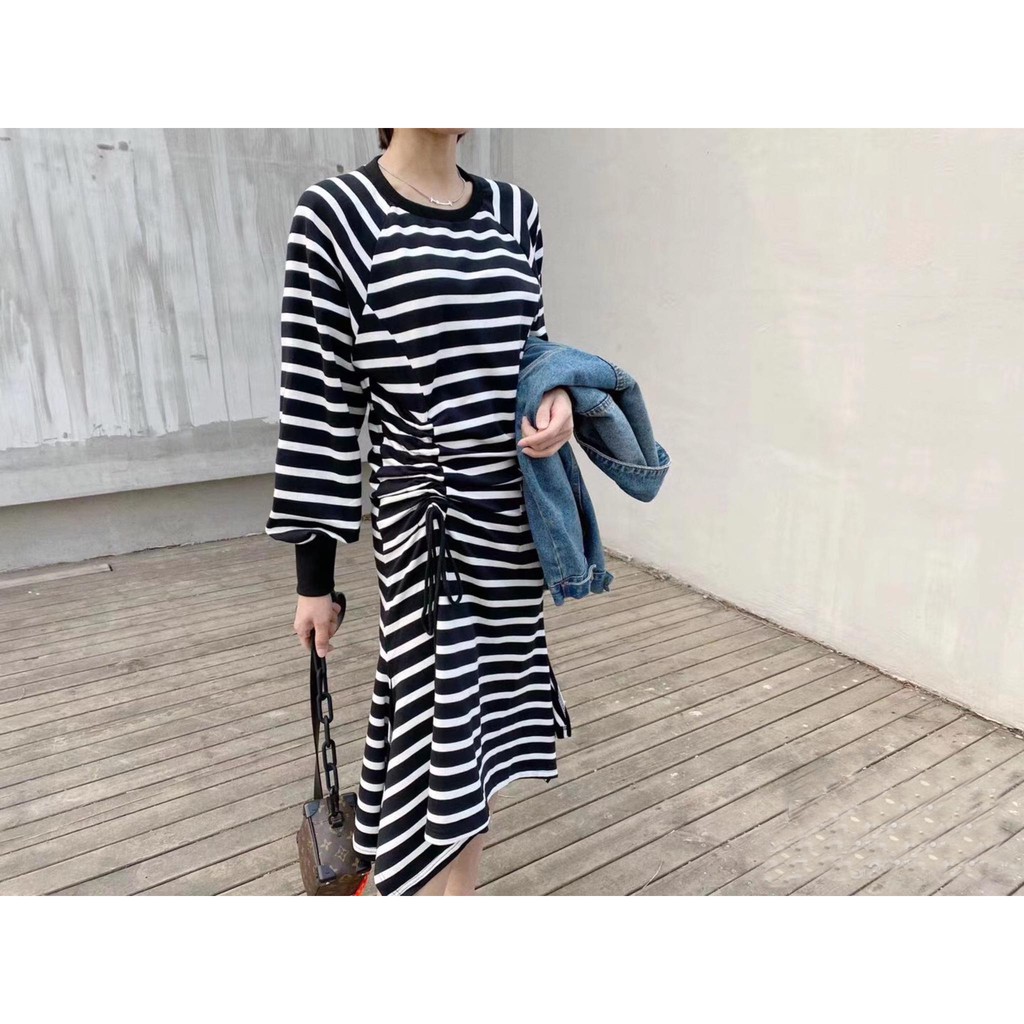 Váy đầm suông kẻ ngang rút eo dành cho mẹ bầu chất cotton dày dặn dáng xuông ấm áp mùa đông bà bầu