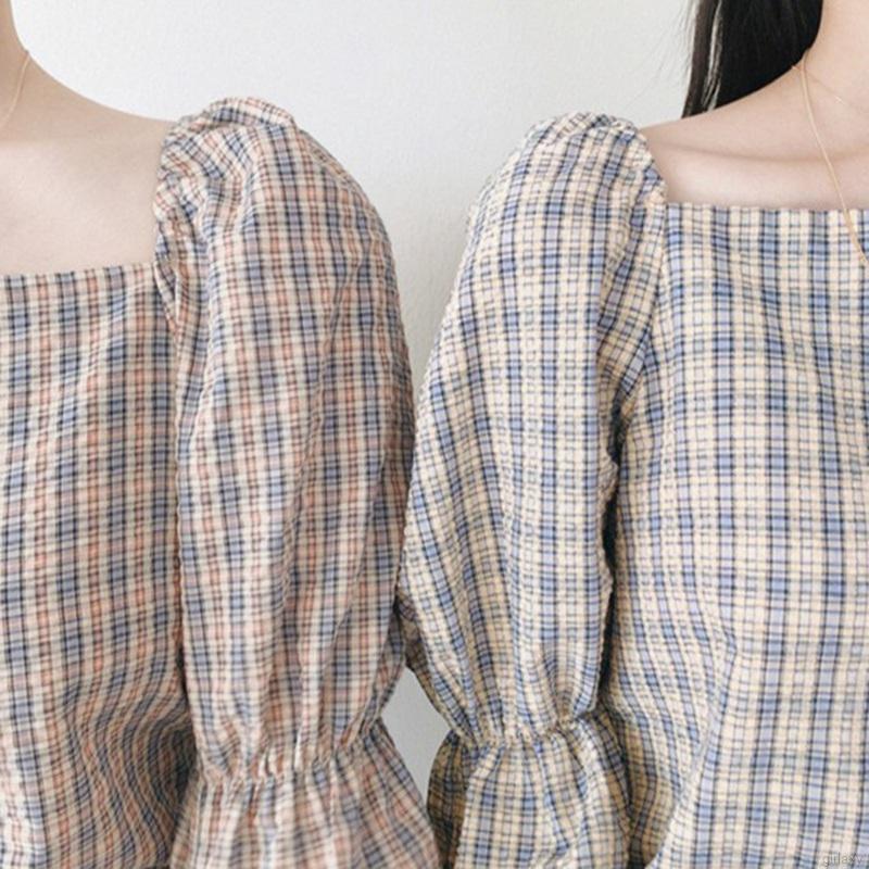 Áo Kiểu Tay Lỡ Cổ Vuông Họa Tiết Sọc Caro Phong Cách Hàn Quốc | BigBuy360 - bigbuy360.vn