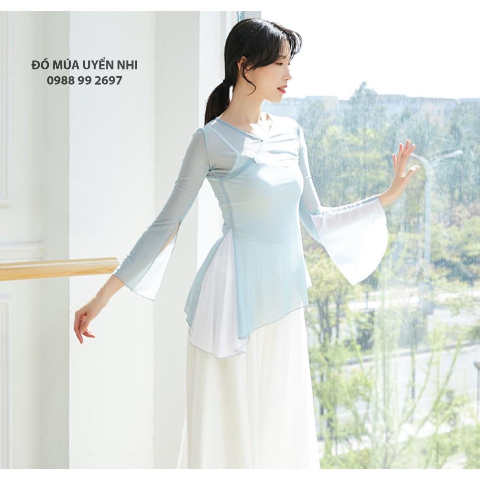 Áo lưới tập múa cổ trang, tập yoga tay loe xẻ, vạt chéo phối màu  - Đồ Múa Bảo Châu