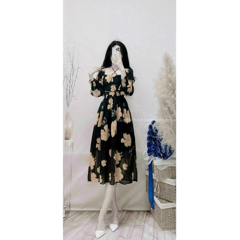 (Ưu Đãi FreeShip) Đầm Maxi Hoa Đi Biển,Đầm Nữ Tay Dài Phồng Cột Yếm Cổ Chất Voan Bông Cao Cấp Có Mút