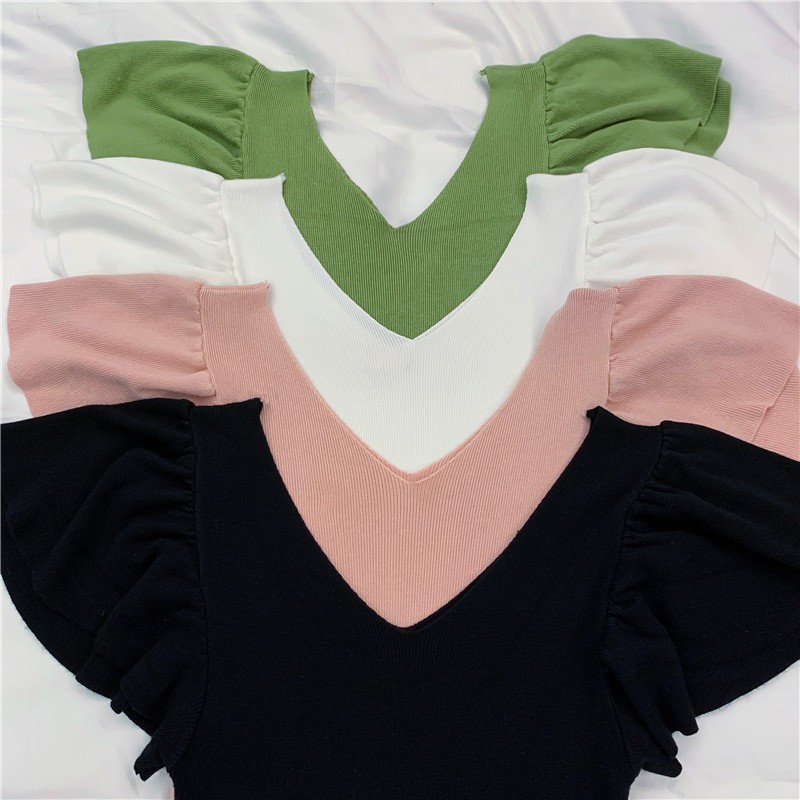 Áo Dệt Kim Tay Ngắn Cổ V Thiết Kế Màu Trơn Thanh Lịch Cho Nữ | BigBuy360 - bigbuy360.vn