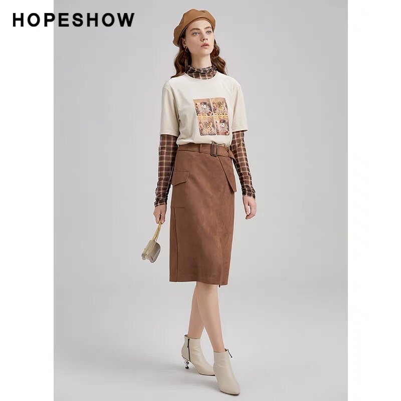 Chân váy da lộn nâu Hopeshow
