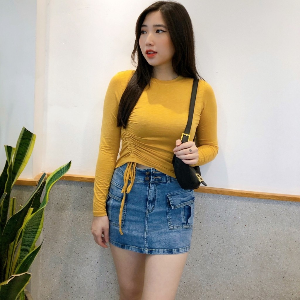 Áo Kiểu Croptop Rút Dây Eo Tay Dài Chất Borip Dày Dặn Mềm Mại Co Giản Mạnh Size 53kg